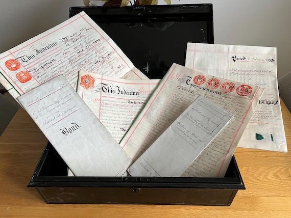 Vintage Metal Deeds Box With Old Handwritten Indentures.