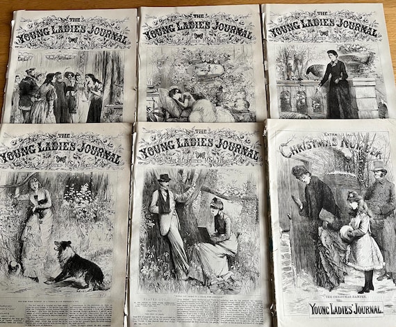 Collection Of 6 Vintage Victorian The Young Ladies Journal With Illustrations Including Christmas Edition 1870s.