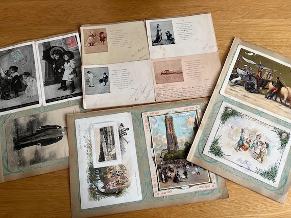 Collection Of 19 Vintage Early French Postcards And Bin Marche Advertising Cards In Album Sheets (Rare).
