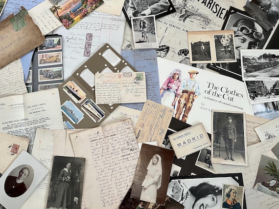 Vintage Ephemera Large Pack Of Original Letters, Pgotographs, Rare Paris Publication, Victorian ledger pages, Piatcards, Old Card Album.