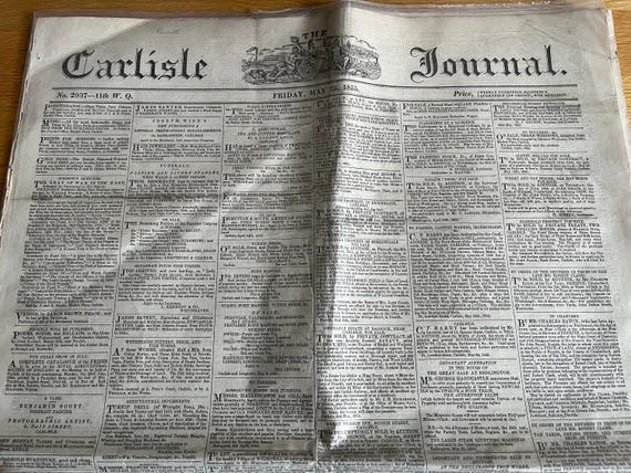Vintage Edition Of The Carlisle Journal Friday May 25th 1855.