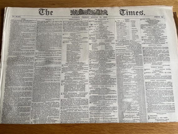 Vintage 1900 Original Times Newspaper London Edition Friday August 10th.