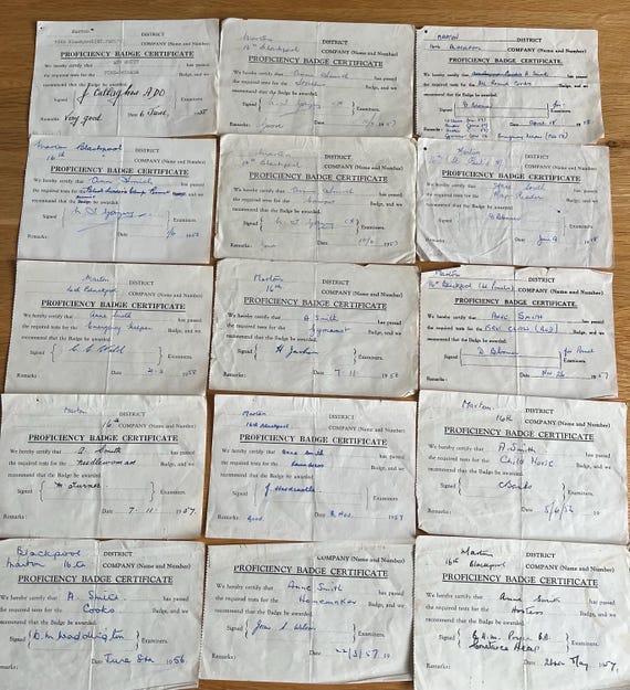 Collection Of Vintage 1950s Proficiency Badge Certificates For Different  Tests Completed Blackpool District.
