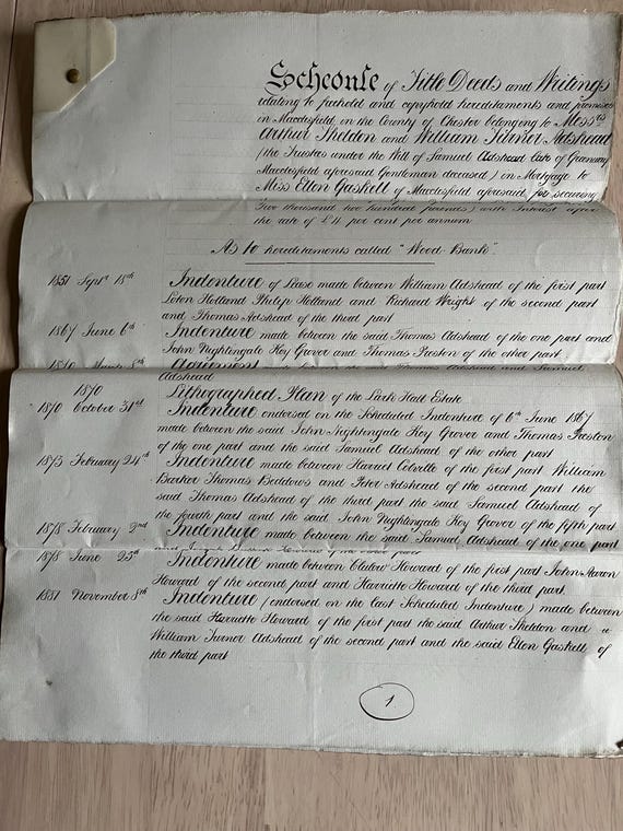 Large 1881 Victorian Handwritten Schedule Of Deeds Document.