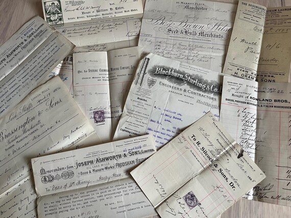 Vintage Invoice Collection,Seed Merchant, Bone And Manure Works, Bobbin Manufactures, Stationers.