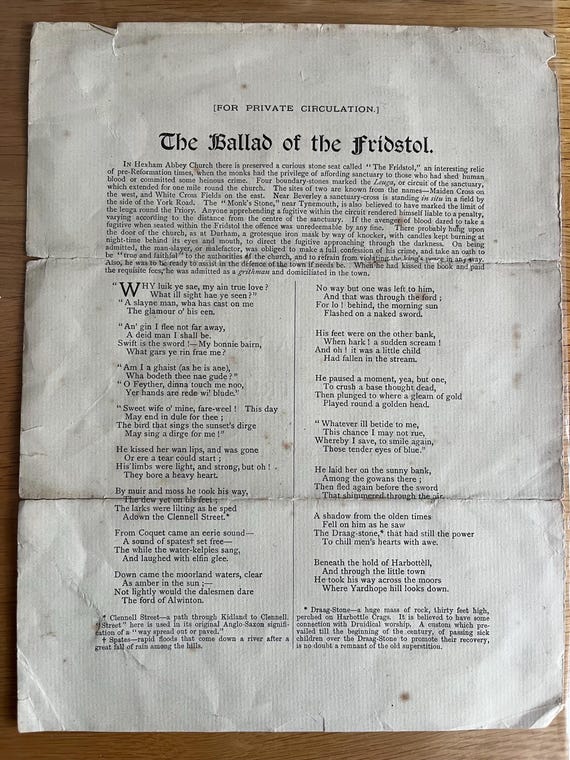 Rare Vintage The Ballard Of The Fridstol By William Weaver Tomlinson, For Private Circulation, Hexham Abbey Church.