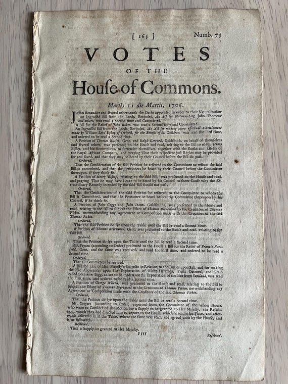 1706 Rare 4 Paged Document Pages Votes Of The House Of Commons.