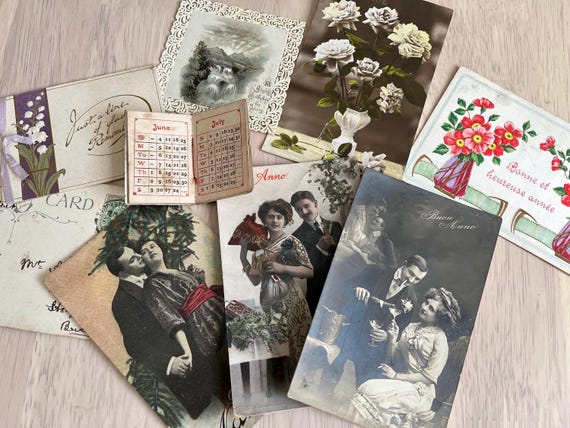Vintage French Romance Postcards, 1905 Small calendar Plus Other Vintage Cards Ephemera.