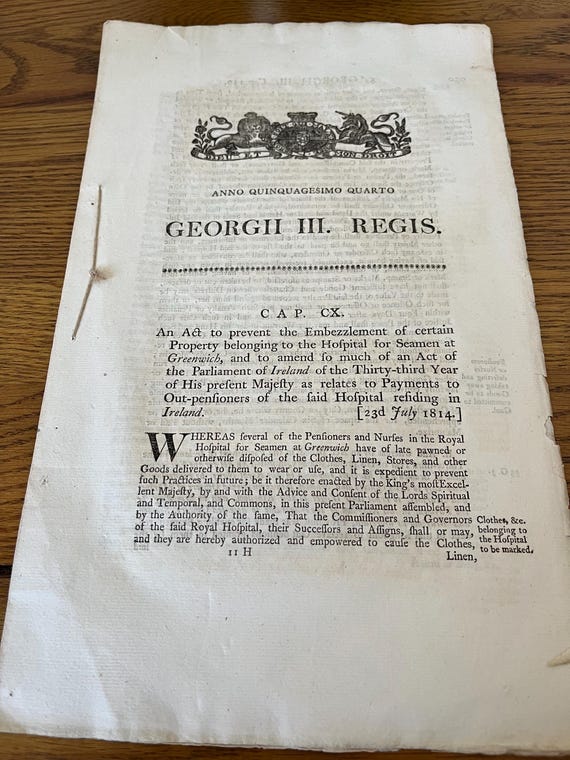 1814 Vintage George III Document Relating to An Act To Prevent The Embezzelment Of Certain Property Belonging To The Hospital For Seamen.