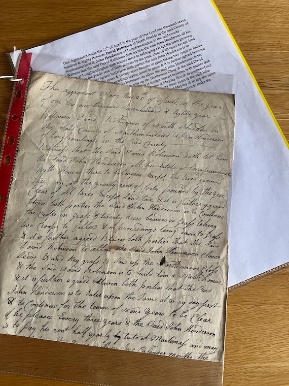 Vintage 1780 Agreement Handwritten Document Between David Robinson And John Henderson Of Northumberland.