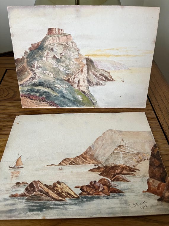 Vintage Water Colour Paintings Dated 1918 M. Skinner (Coastal Views ).
