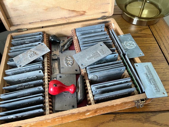 Vintage Box Of Printers Plates All Different Names & Logo’s.