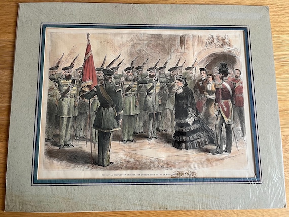 Vintage Board Framed Victorian Hand Coloured Pucture From Publication, The Royal Company Of Archers, The Queens Bodyguard In Scotland (Rare)