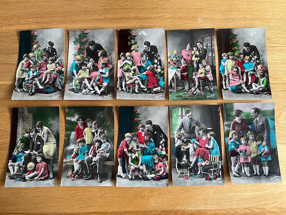 Collection Of Vintage Italian 1930s Colourful Family Themed Postcards.