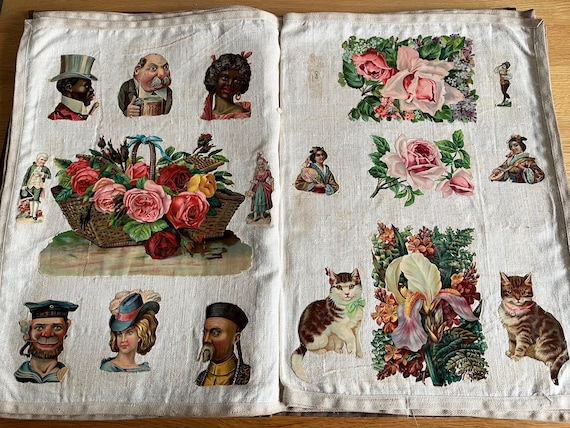 Victorian Large Scrapbook In A Cloth Album (Rare) 32 Pages 140 x 34cm.
