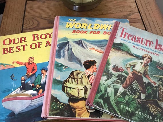 Vintage Childrens Books Collection Treasure Island, The Worldwide Book For Boys, Our Boys Best Of All.