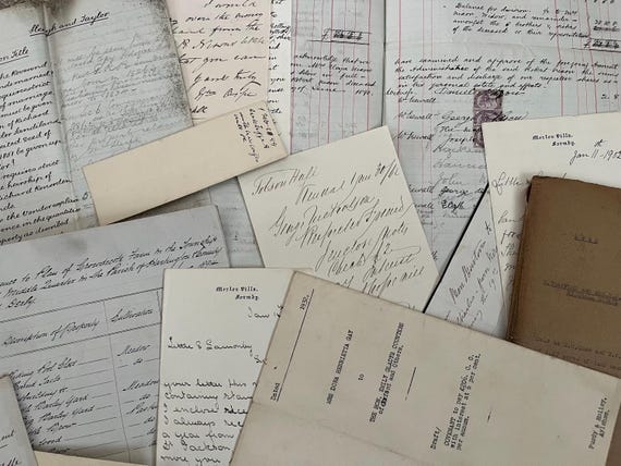 Victorian And Later Ephemera Collection Including Victorian Stamped Ledger Pages, Letters, Documents All Original.