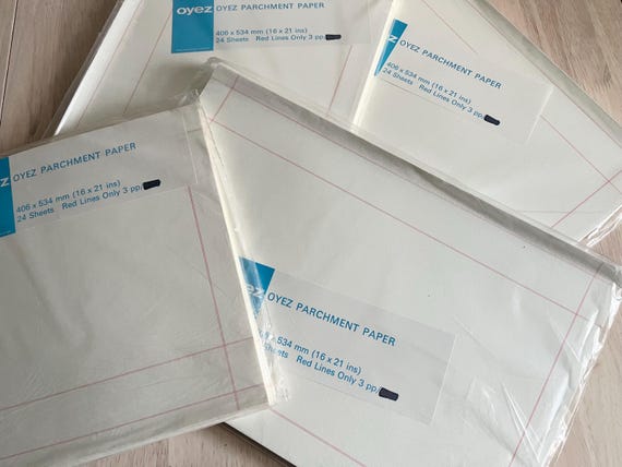 Large Pack Of Vintage Parchment Paper, 24 Double Paged Sheets With Red Lines To Edges 406 x 534mm Ideal For Craft Use.