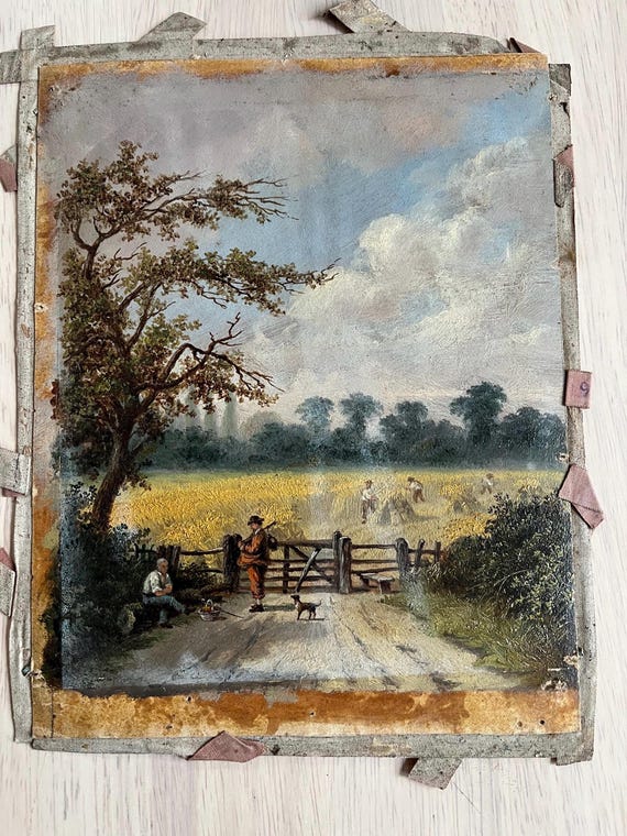 Vintage Victorian Oil Painting, Harvesting Scene.