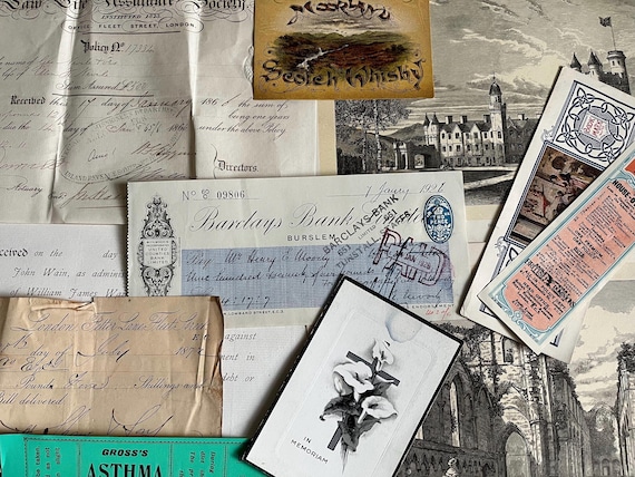 Vintage Ephemera, Nice Receipts, Bookmarks, Scotch Whiskey Card, Book Plates, Memorial Card.