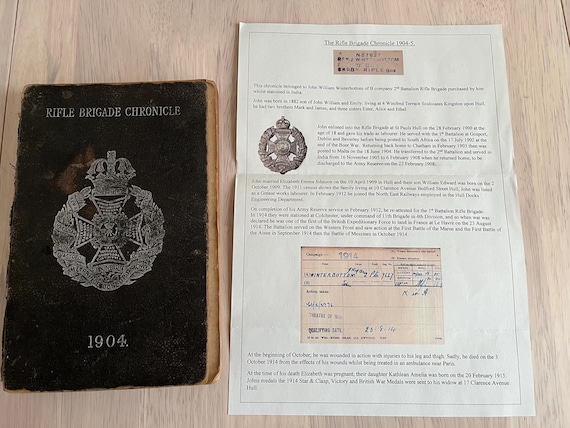 Vintage Chronicle Belonging To John William Winterbottom Who Served In The Rifle Brigade From The Boer War To WW1