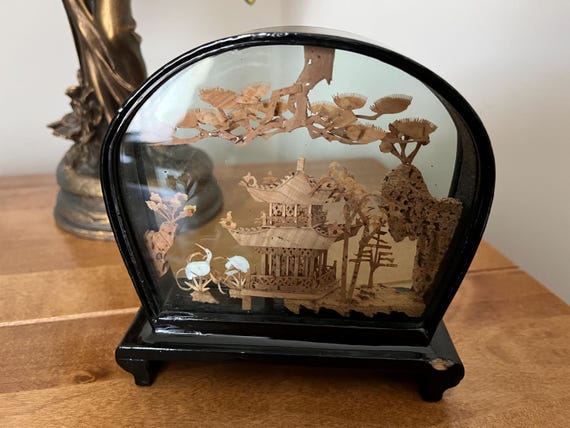 Vintage Far East Cork Diorama In Black Laquer Frame.