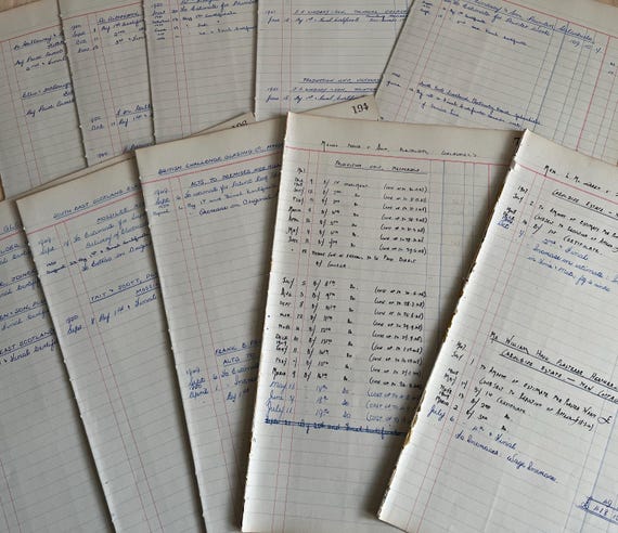 20 Pages Of Handwritten Vintage Ledger Paper.
