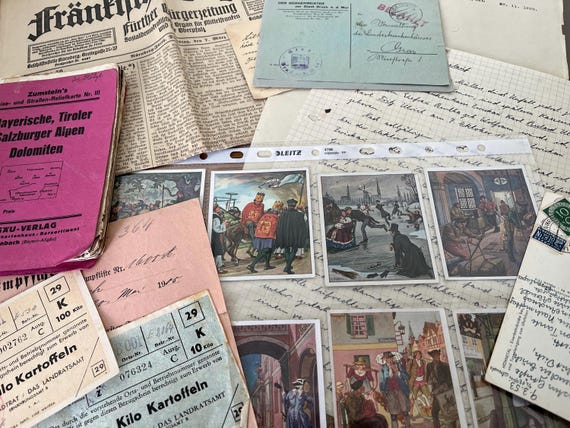 Vintage German Ephemera, German 1911 newspaper, Rare Trading Cards, Ration Vouchers, Fold Out Map And More.
