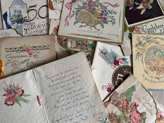 Collection Of Vintage 1950s Golden Wedding Congratulation Cards With Verses Inside.