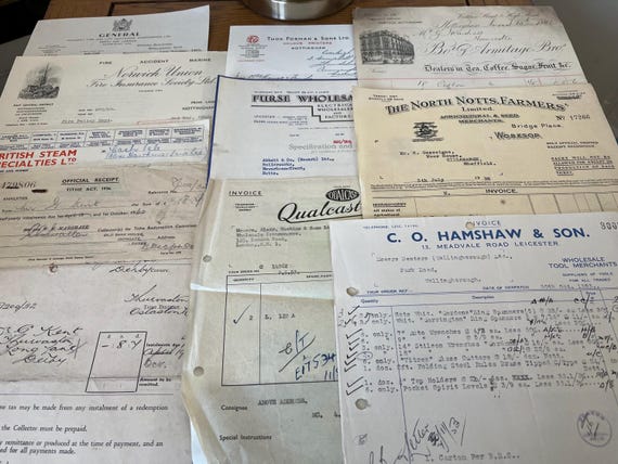 Old Invoice Collection, 10 Vintage pieces of original ephemera Victorian Through To The 1950s.