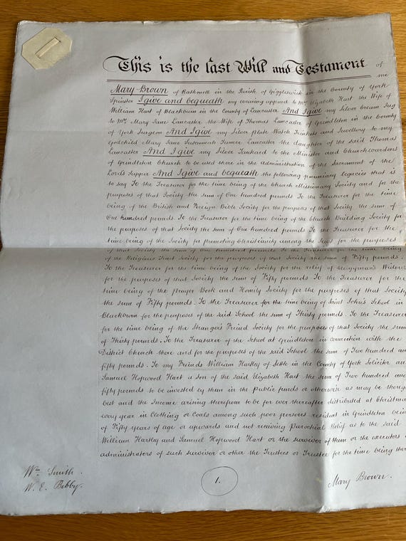Large 1871 Handwritten Victorian Will Of Mary Brown.