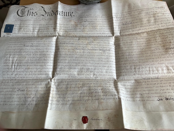 Large Vintage 1838 Handwritten Indenture With Wax Seal.