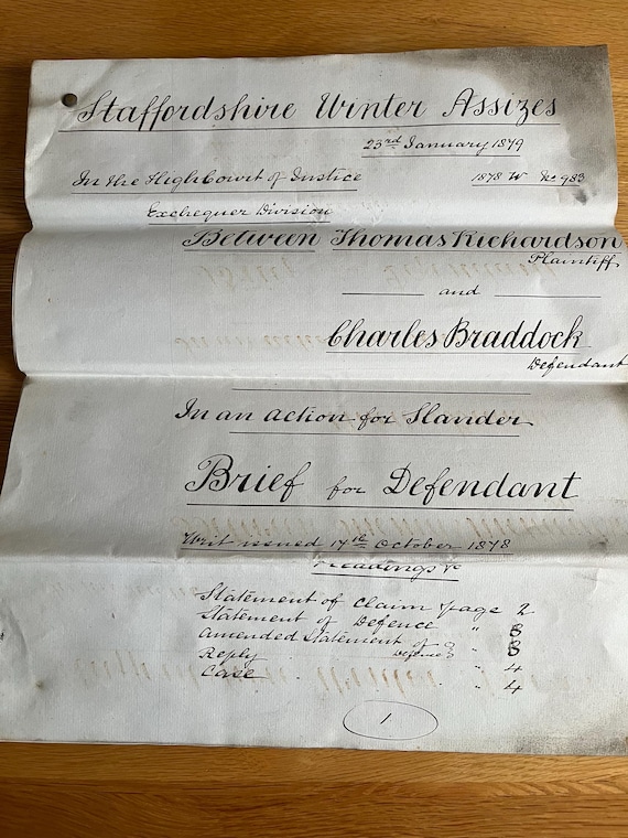 Large 1879 Victorian Handwritten Document, Staffordshire Winter Assizes High Court Action For Slander.