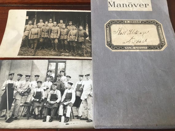 Vintage Large German Cloth Map With 2 Real Photo Postcards Of German soldiers.