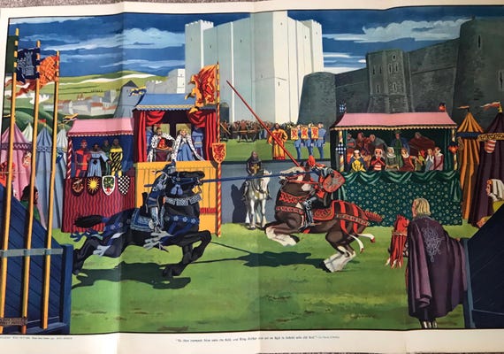Rare King Arthur Large Story Picture At The Tournament At The Tournement, Child Education Publication.