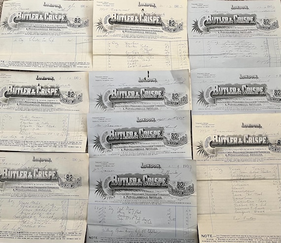 Collection Of Butler & Crispe Of London Handwritten Invoices 1902-07, Importers Exporters General Dealers Medicines Druggists.