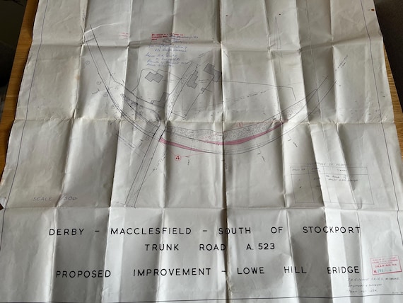 Large 1957 Plan For Trunk Road improvements Derby Macclesfield A523.