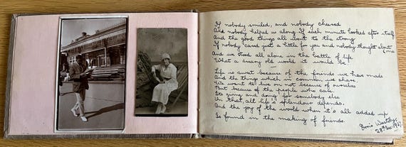 Interesting Vintage Friendship Album 68 Pages Of Photographs Verse, Religious Cards, Letters And More Dated 1937-1943.