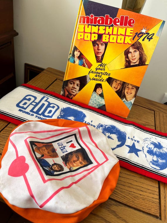 Vintage 1980s A-ha World Tour Scarf And Cap Plus 1974 Mirabelle Subshine Pop Book.