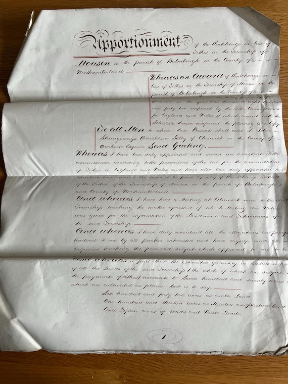 Vintage 1842 Large Handwritten 4 Paged Document Relating To Rent Charges In Tithes In The Parish Of Bamburgh Northumberland.