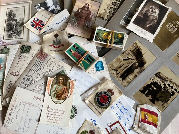 Box Of Vintage Ephemera, Including 50 Old Photographs, Letters, Religous Cards, Postcards, Wild Flower And Costume Themed Tea Cards.
