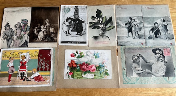 Collection Of 17 Rare Vintage French Postcards Attatched To Album Pages Most Written And Stamped To Reverse.