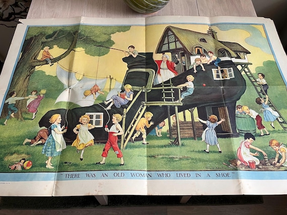 Vintage 1934 Child Education Poster ( There Was An Old Lady Who Lived In A Shoe ) Rare Publication Clear Out.