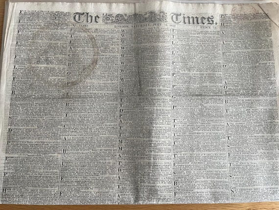 Vintage Original The Times Newspaper London Saturday July 13 1822.