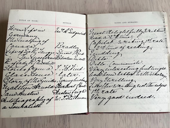 Vintage 1908 Handwritten Book Register, Giving Reviews 50 Pages Plus.