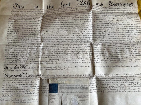 Large 1822 Last Will And Testament Document On Vellum Paper.