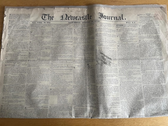 Vintage Original 1839 The  Newcastle Journal Dated Saturday August 10th.