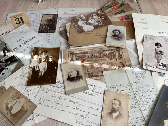 Vintage Ephemera Collection Including Victorian Photographs, Postcards, Documents, Old Envelopes, Mixed Lot.