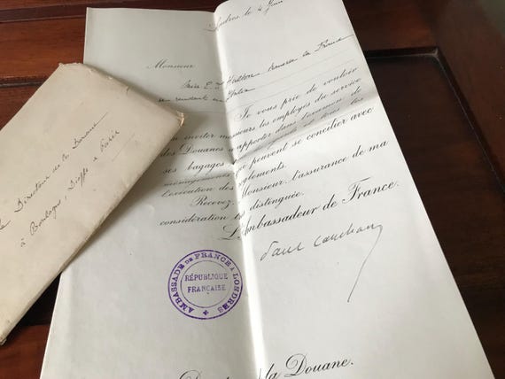1915 Vintage French Ambassadeur Signed Letter.