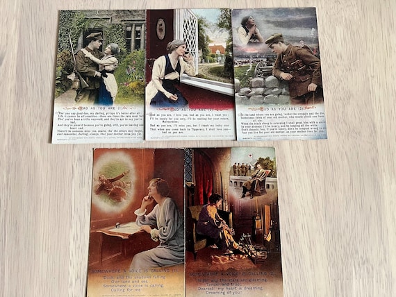 WW1 Period Sweetheart Bamforth Postcards (Bad As You Are) Set Of 3 And (Somewhere A Voice Is Calling) Set Of 2.
